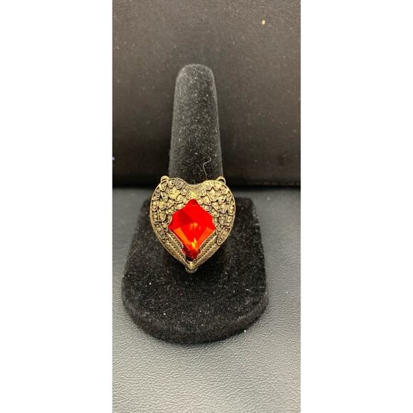 Antiqued Gold Tone Heart Ring With Large Red Rhinestone & Angel Wings Adj. - Picture 1 of 5